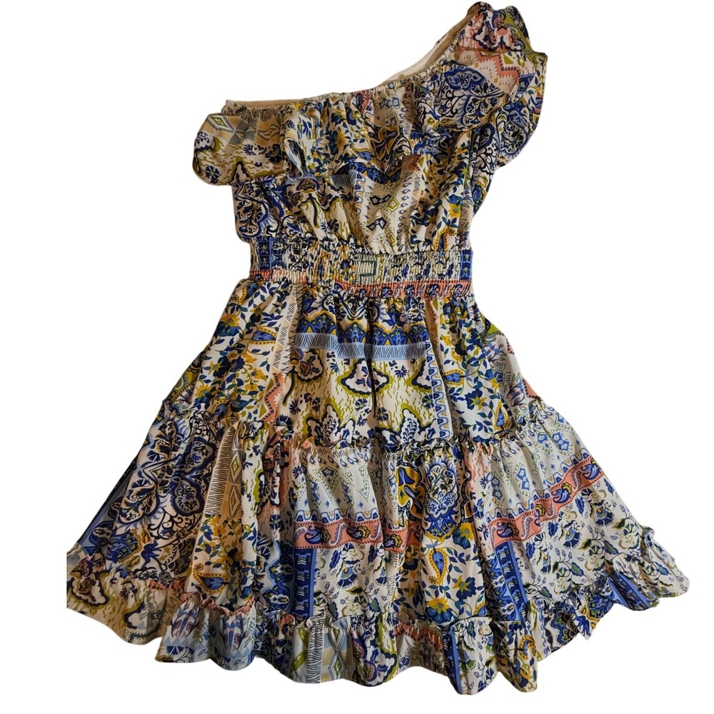 Meet Me In Santorini One Shoulder Paisley Mini Dress Multi Color Smocked Waist M